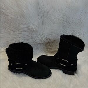UGG Black Suede Shearling Lined Biker Boots with Buckle Detail size 6